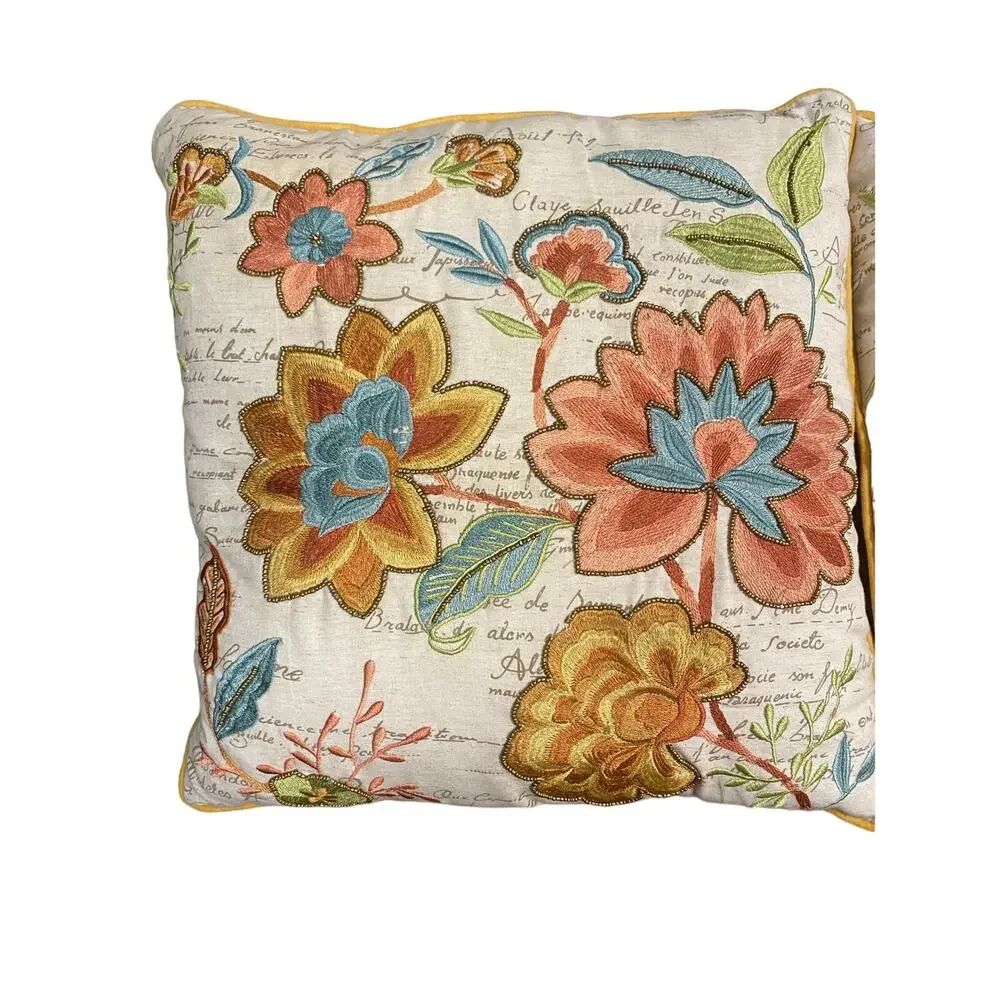 Linen Embroidered Beaded Floral Accent Pillows‎ set of two 12